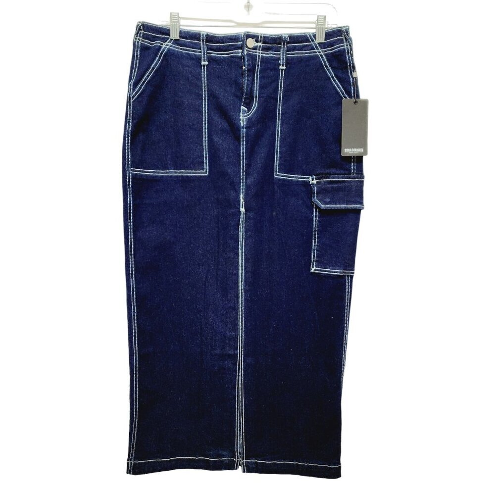 True Religion Rinse Dark Blue Denim Long Cargo Utility Skirt NWT Womens Size 29